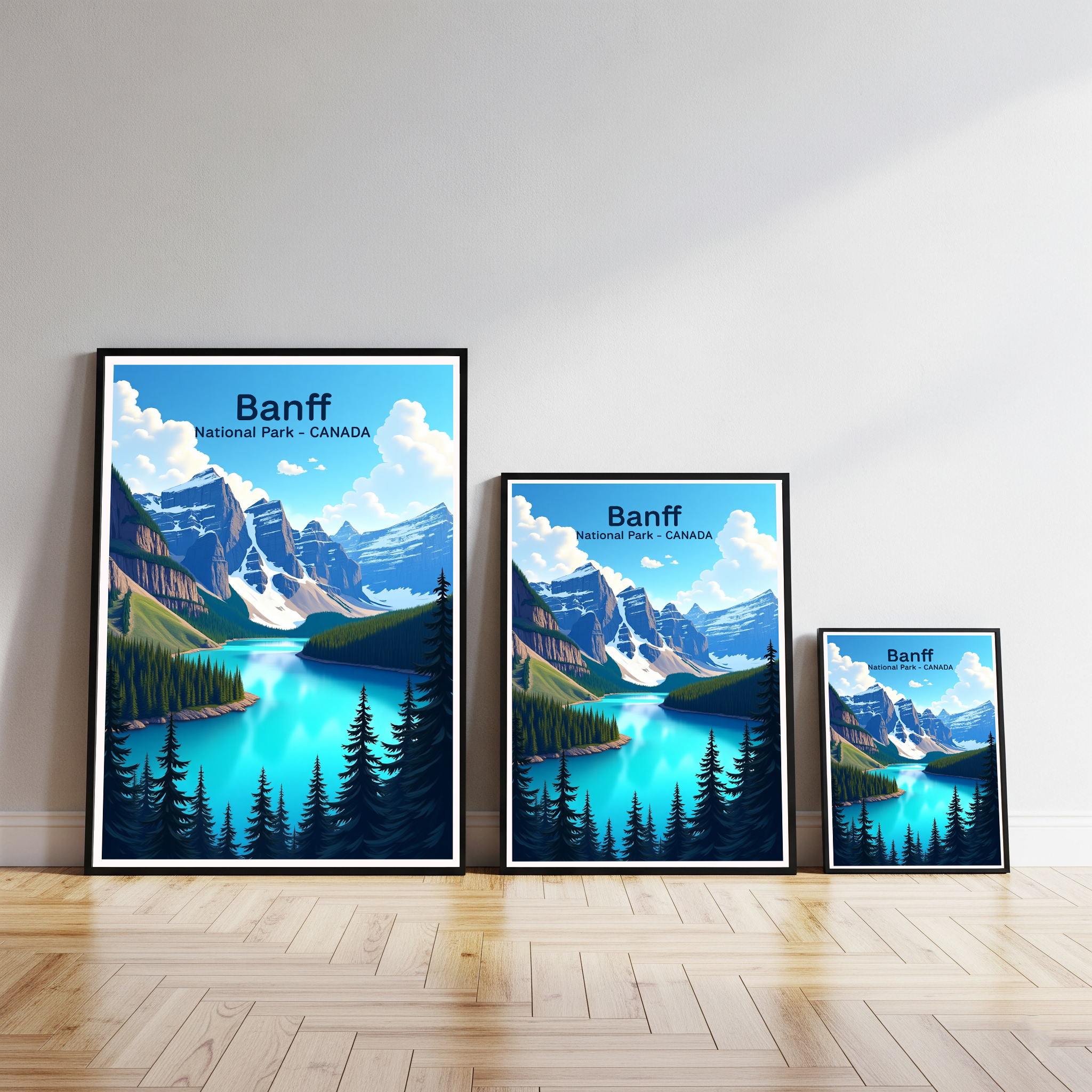 Digital art of Banff National Park by Reflectionare, showcasing scenic mountain landscape with trees and blue sky.