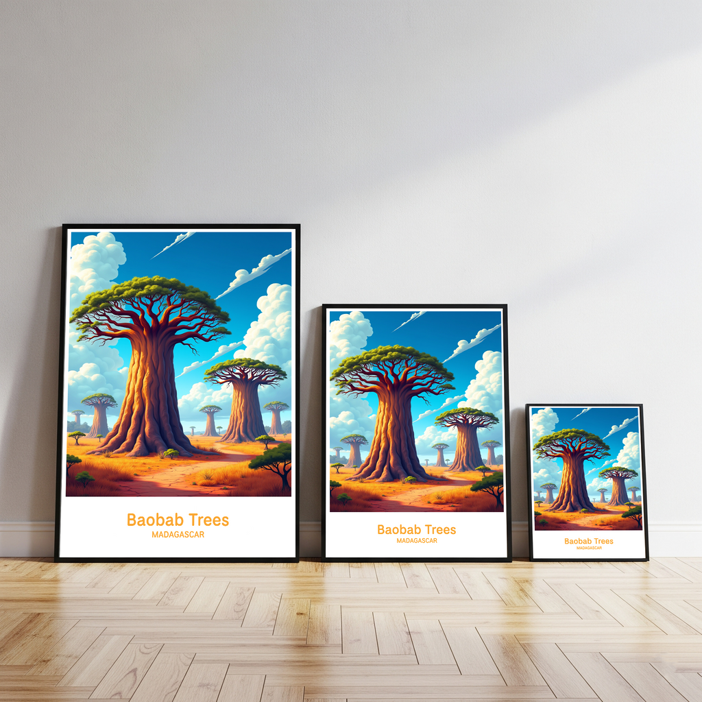 Digital art of Baobab trees by Reflectionare, showcasing vibrant, stylized African landscape with tall, iconic trees against a colorful sky.