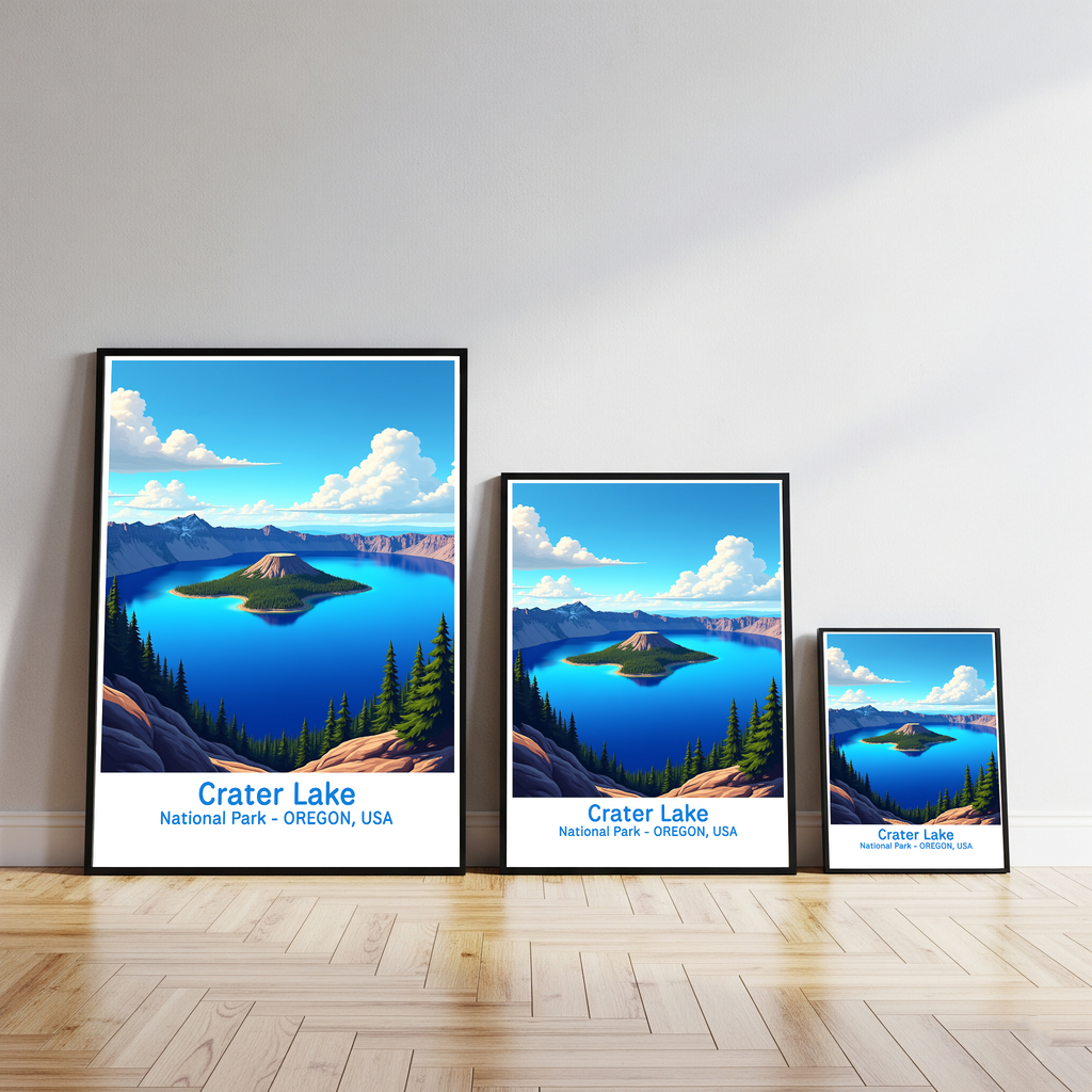 Digital art of Crater Lake National Park by Reflectionare, showcasing a scenic landscape with blue lake and surrounding forested cliffs.