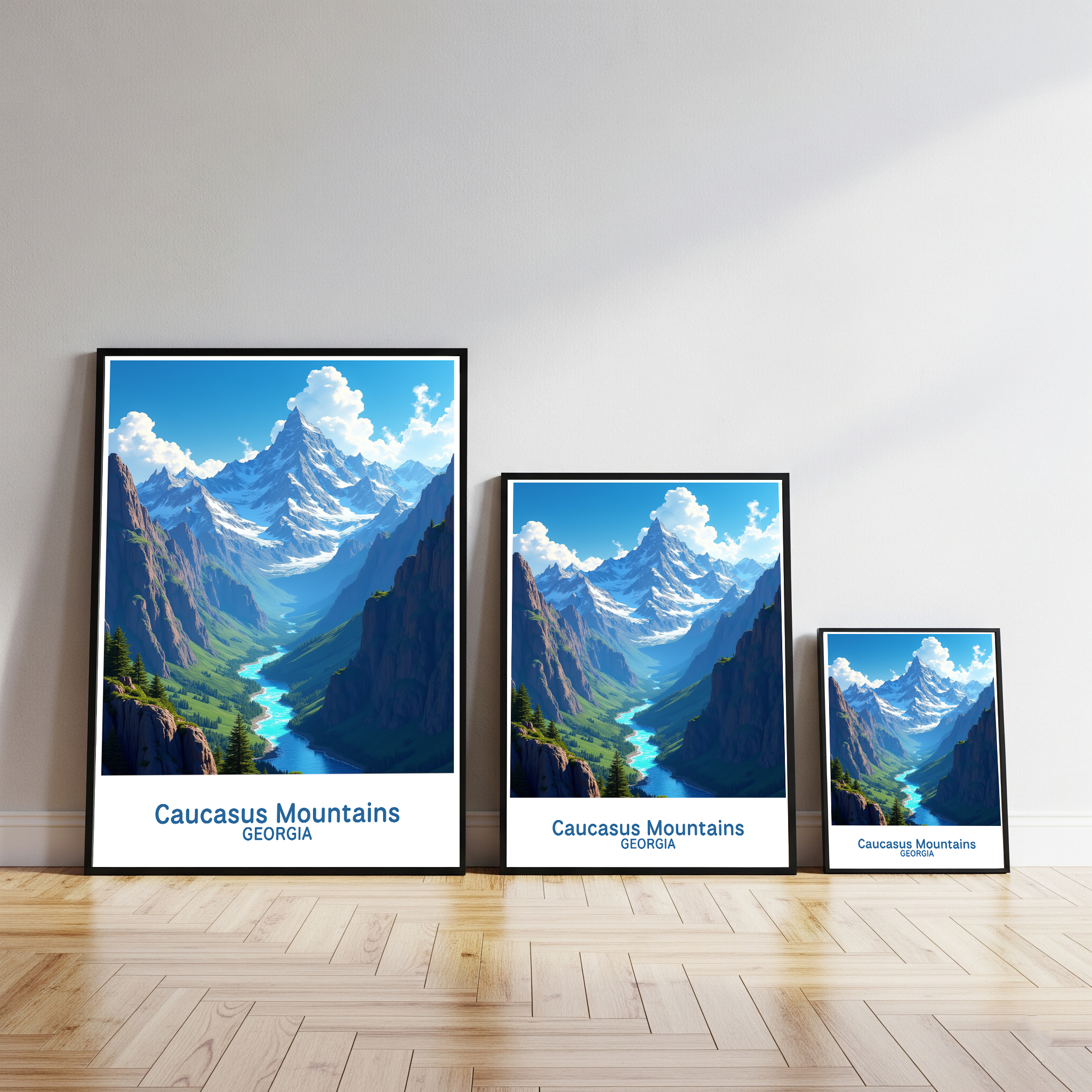 Reflectionare digital art of the Caucasus Mountains showing rugged peaks and scenic mountain landscape in vibrant colors.