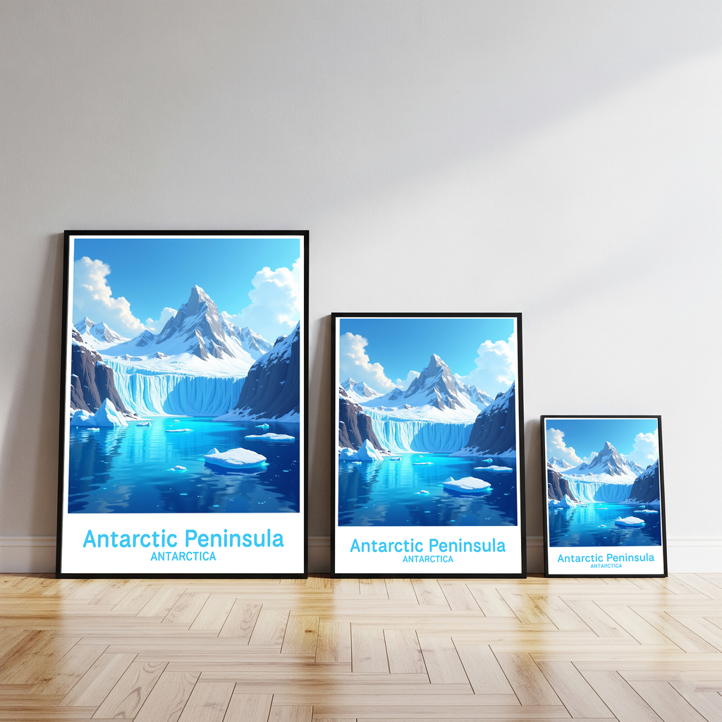 Reflectionare digital art of the Antarctic Peninsula depicting icy landscapes and snow-covered mountains.