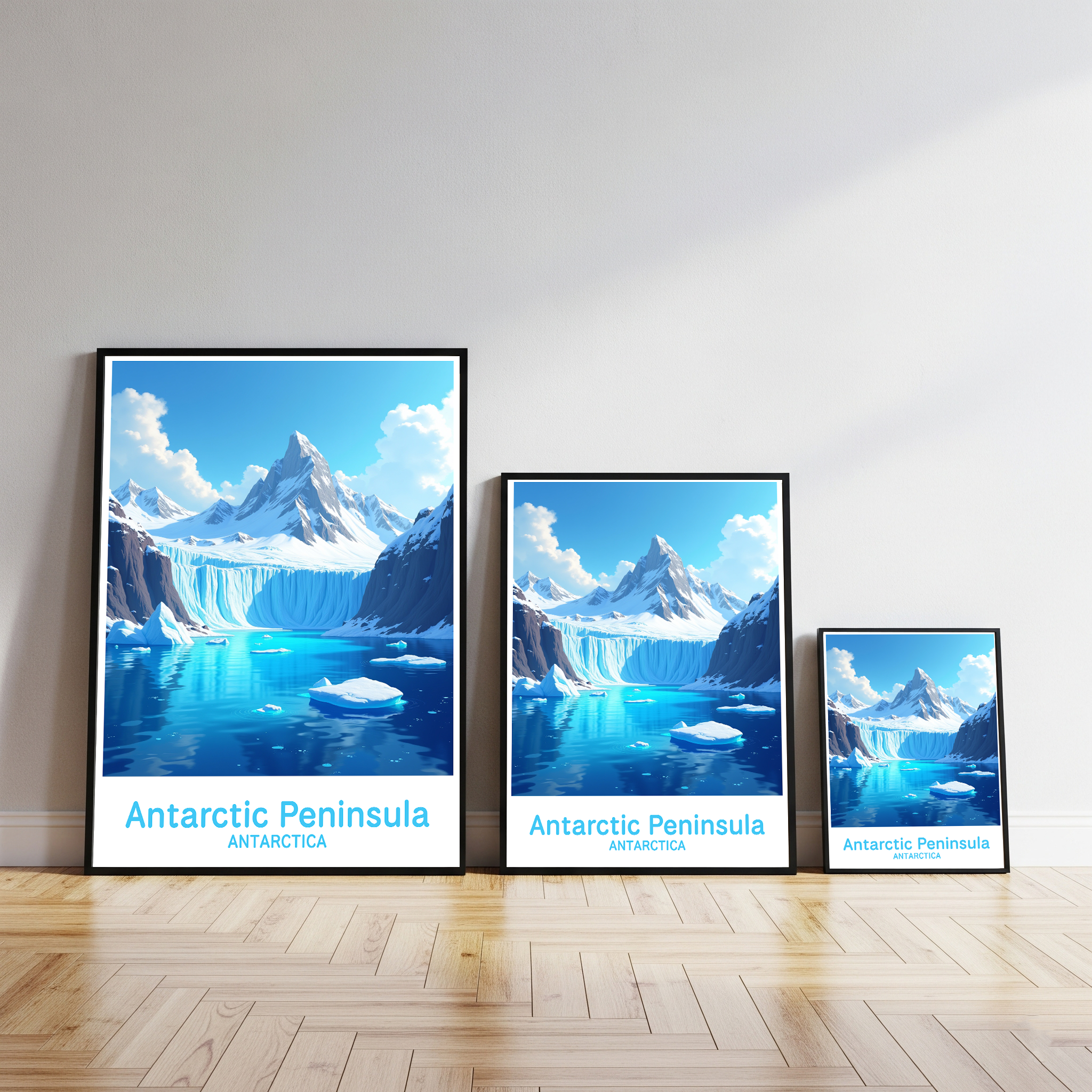 Reflectionare digital art of the Antarctic Peninsula depicting icy landscapes and snow-covered mountains.