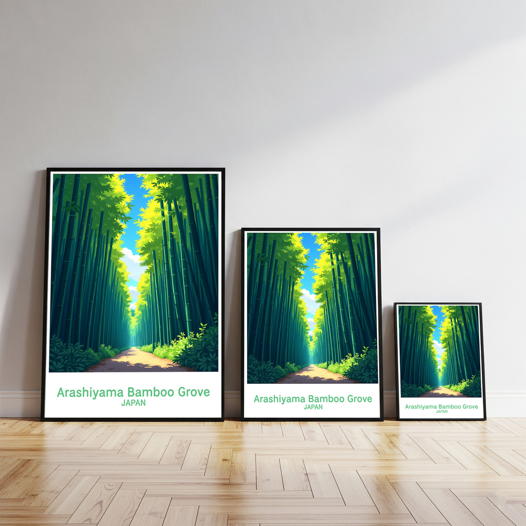 Digital art of Arashiyama Bamboo Grove by Reflectionare showing tall bamboo stalks and lush greenery in a tranquil scene.
