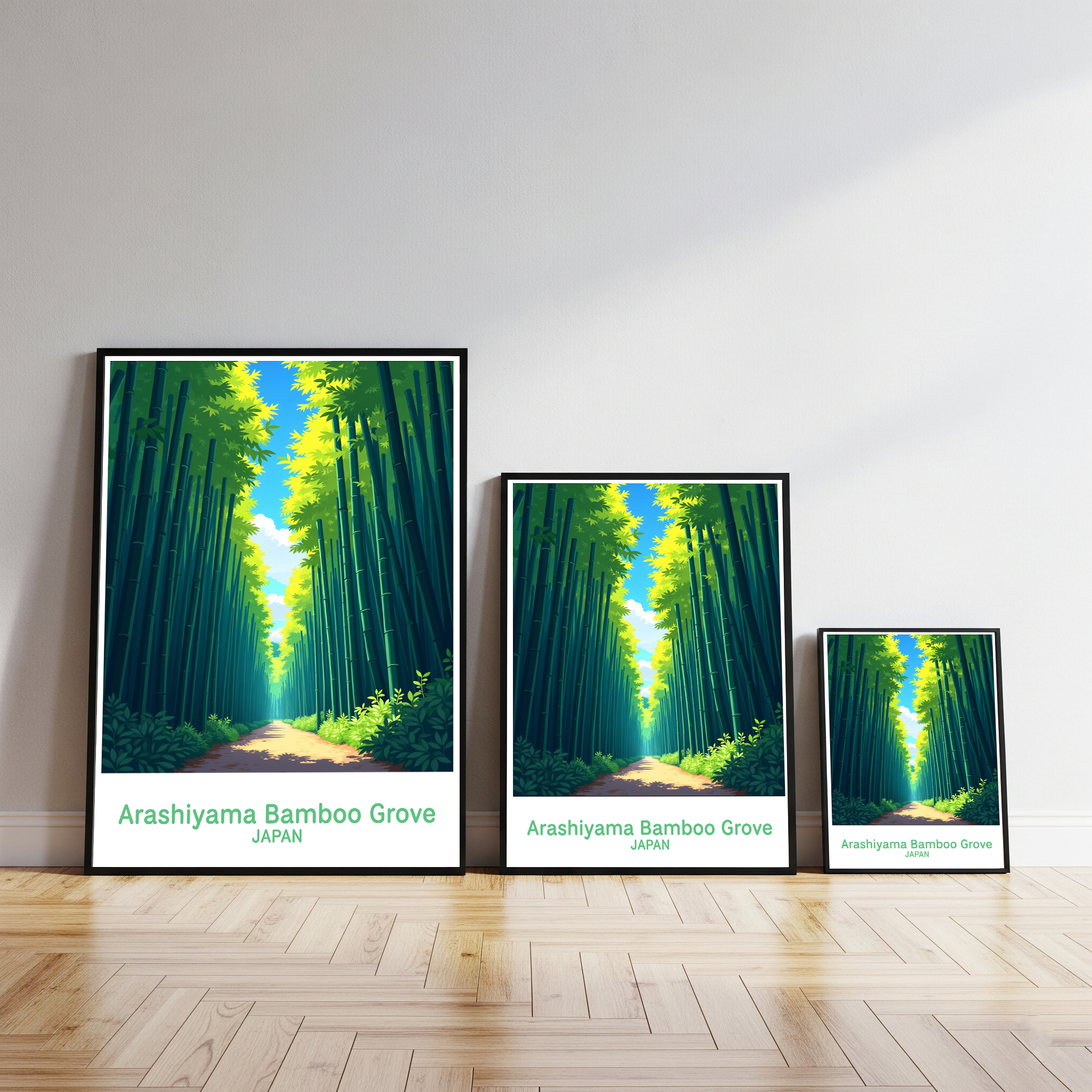 Digital art of Arashiyama Bamboo Grove by Reflectionare showing tall bamboo stalks and lush greenery in a tranquil scene.