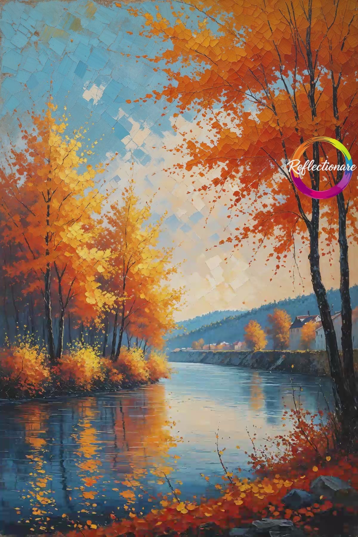 Vintage Autumn River Wall Art Print | Retro Landscape Decor